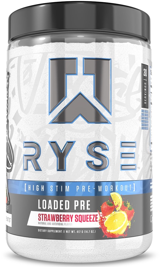 RYSE Loaded Pre Workout Powder - Strawberry Squeeze - Daily Pre-Workout for Men & Women with 390mg Caffeine, Beta Alanine, and Citrulline for Pump, Focus, and Energy - 30 Servings
