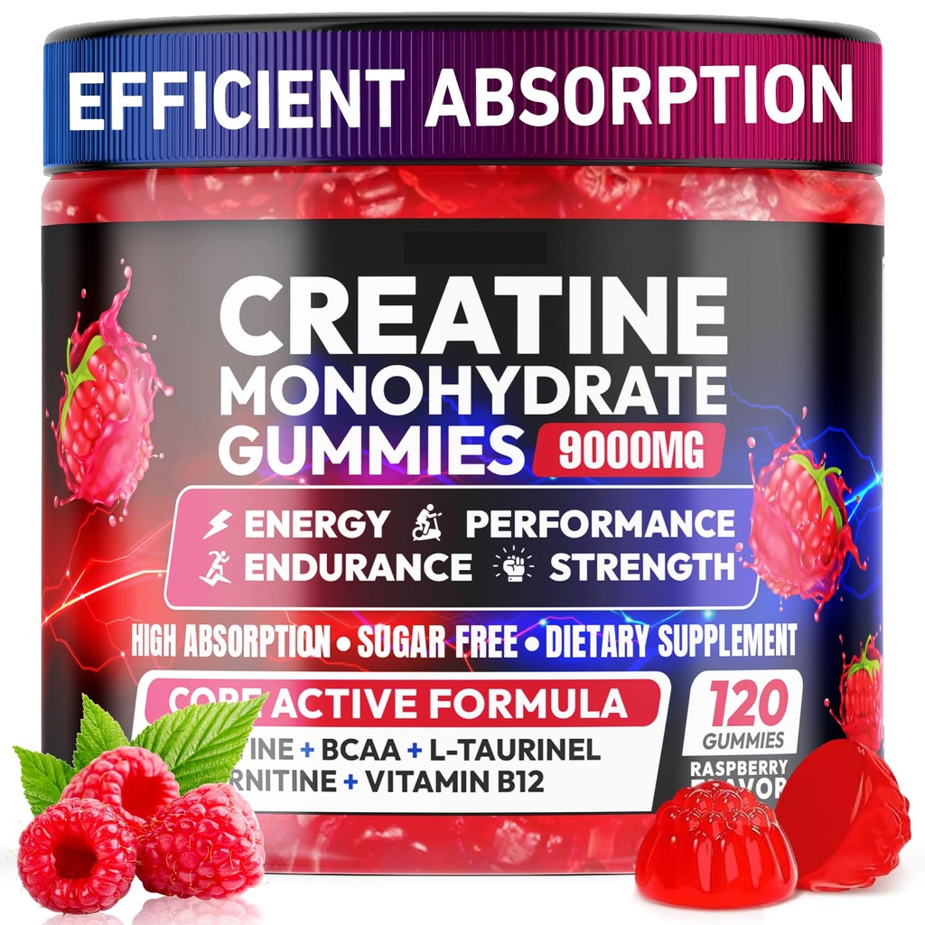 クレアチン・グミーズ Monohydrateコンプレックス9000MG、男性と女性のためのプレワークアウト、L-タウリン、BCAA 2:1、筋肉サポートのためのB12/6、強さを高める、エネルギーブースト-120カウント