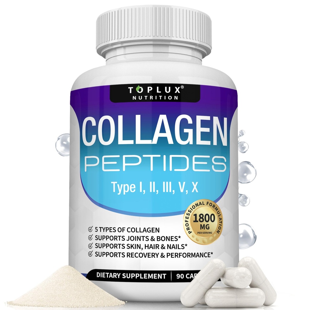 Topluxの多コラーゲンのペプチッドPills 1800のMgの複合体-タイプI、II、III、V、よりよい皮及び毛のためのXの優れたコラーゲンの複合体、強い接合箇所、人女性のための加水分解蛋白質、90のカプセル、補足