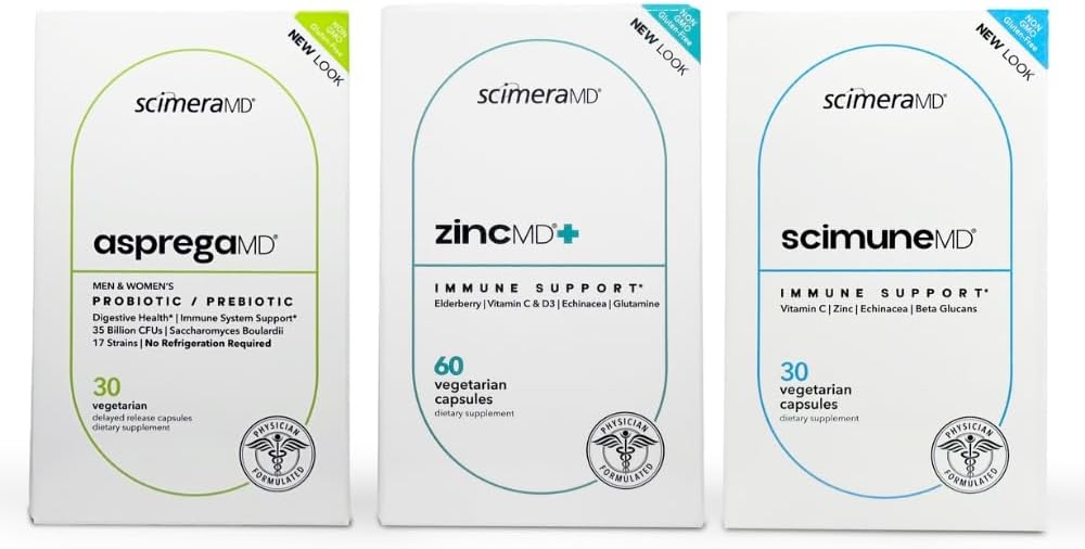 ScimeraMD® AspregaMD 30CT Probiotic + Prebiotic、ScimeraMD® ScimuneMD 30CT免疫サポートとScimeraMD®亜鉛MD免疫システムサポート