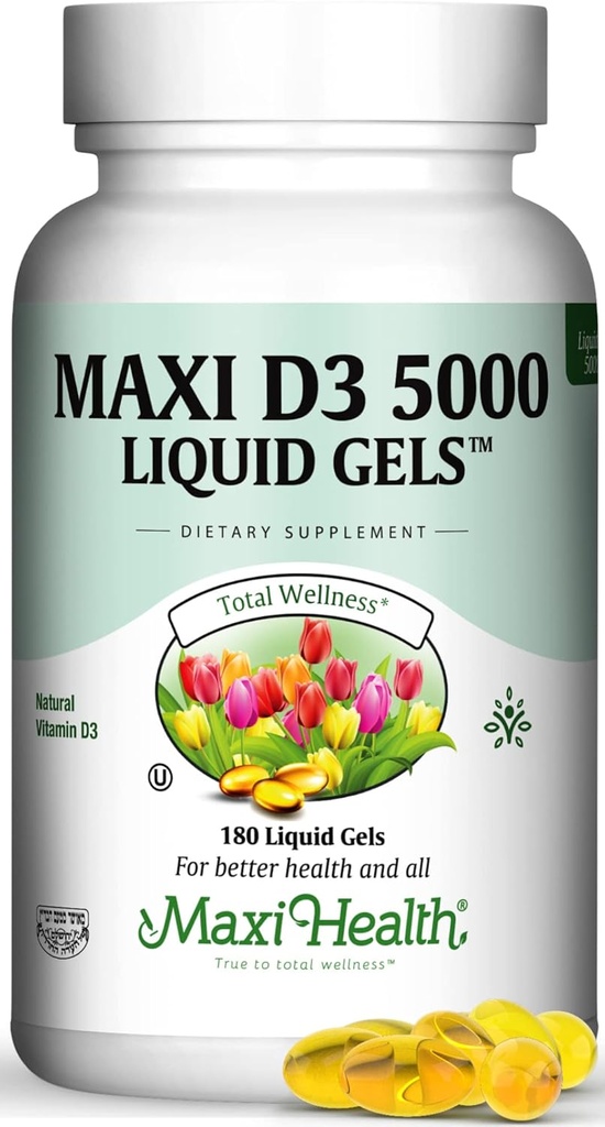 Maxi Health D3 5000 Liquid Gels - Natural Vitamin D3 - Nutrition Supplement - 180 Capsules - Kosher