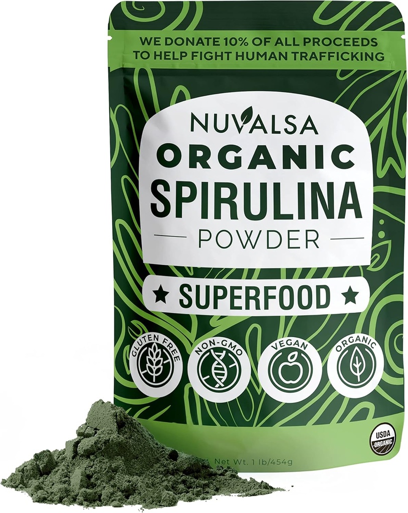 Nuvalsa Organic Spirulina パウダー 1lb – 100% 純粋なスーパーフード サプリメントから Blue Green Algae Non GMO スムージー&プロテインドリンク, ビーガン & USDA 認定オーガニック - 100 サービング