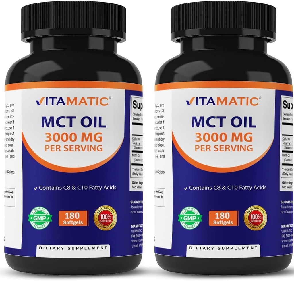 Vitamatic 2 パック MCT オイル カプセル 3000 mg/サービング - 180 Softgels - Coconut オイルから - 55% のカプリル酸 C8 および 40% のカプリル酸 C10 (合計 360 Softgel)が含まれています
