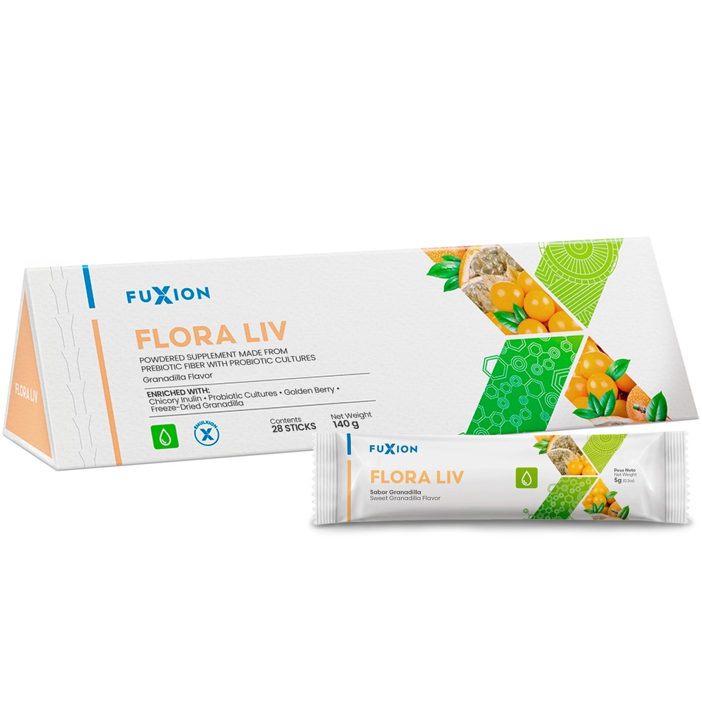 FuXion Flora Liv | プロバイオティックドリンク | 女性と男性のためのプロバイオティクス | 腸内フローラのマンテーンバランス | 乳酸菌・ビフィドバクテリア | 甘いグラナディラ味 | 28u