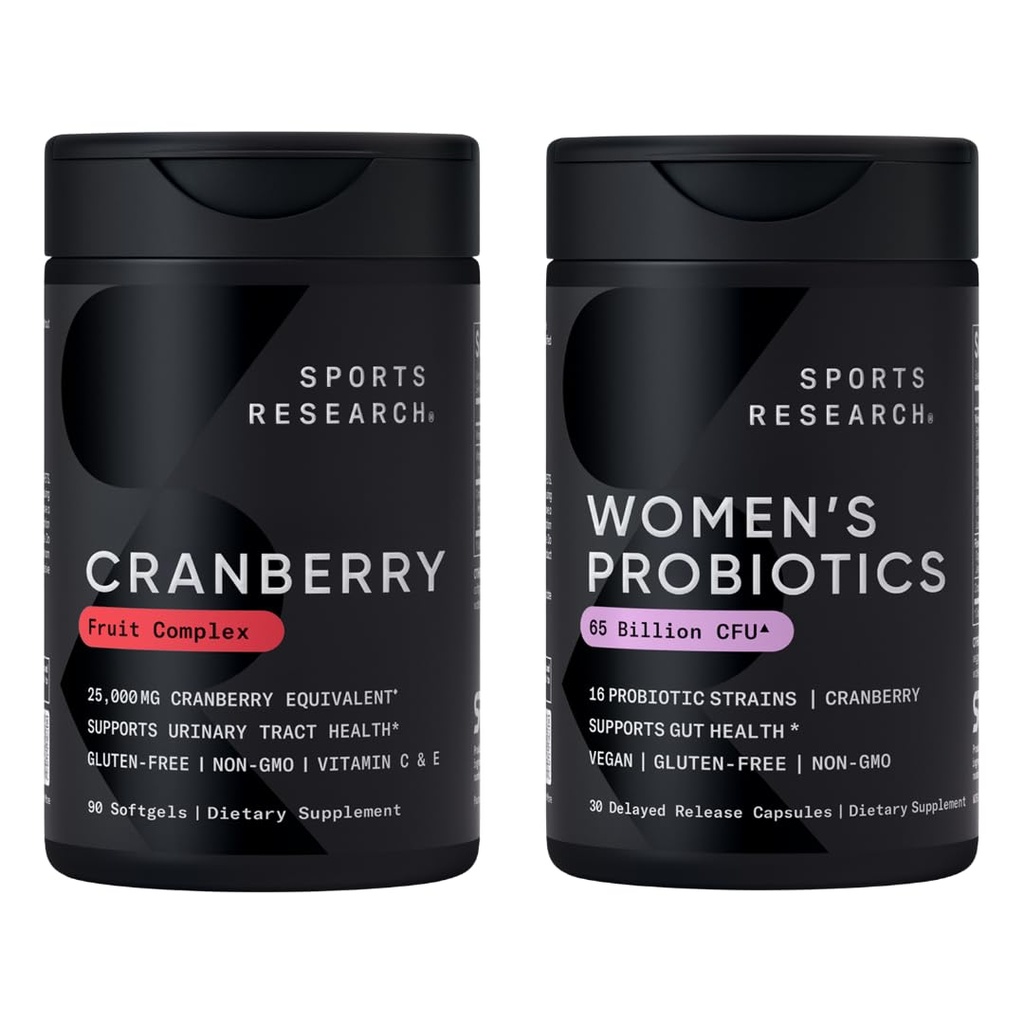 Sports Research® Supplements for Women Pack - Women's Probiotics with Prebiotics 65 Billion CFU (30 Capsules) and Cranberry Fruit Complex Supplement (90 Softgels)