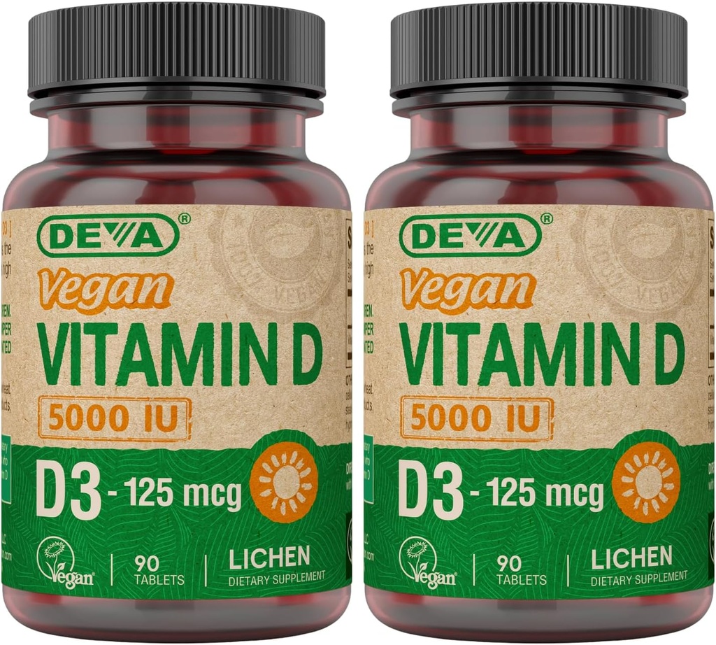 DEVA Vitamin D3 5000 IU, Sunshine Supplement, 125 mcg of Vegan D3, 90-Count Bottle (Pack of 2)