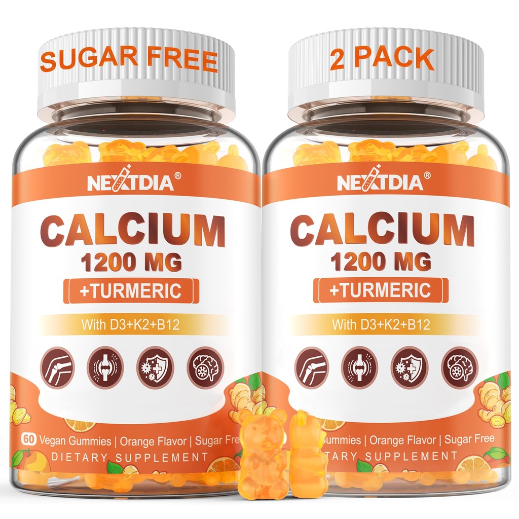 ビタミンD3グミとカルシウム1200mg - ビタミンK2 B12の女性と男性のためのカルシウム+ターメリックサプリメント - サポート骨と筋肉 - 砂糖無料 - ビーガン(120カウント)