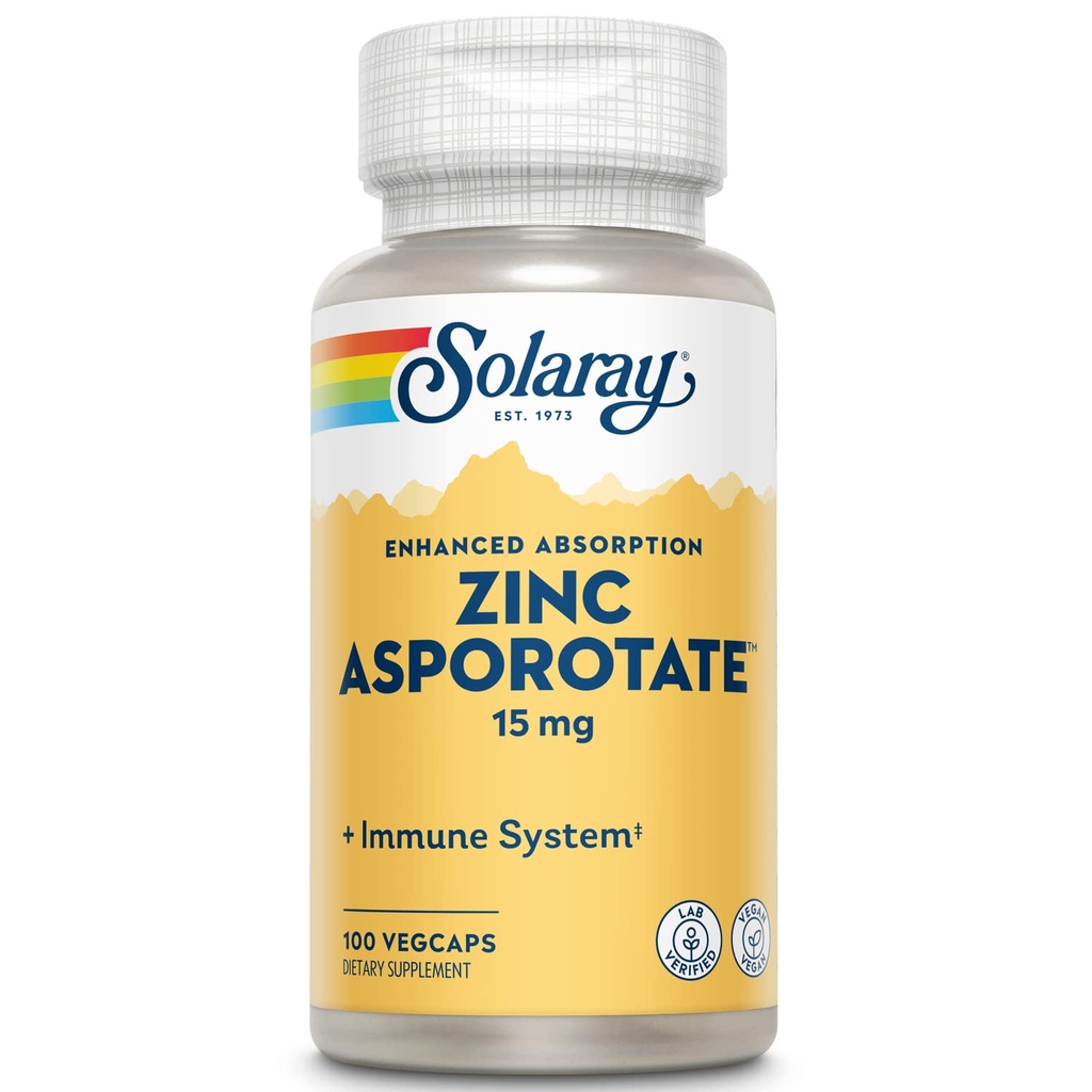 Solaray 亜鉛アスピロテート 15mg ケレートコンプレックス | 免疫&内分泌サポート、細胞と皮膚の健康フォーミュラ、100 VegCaps