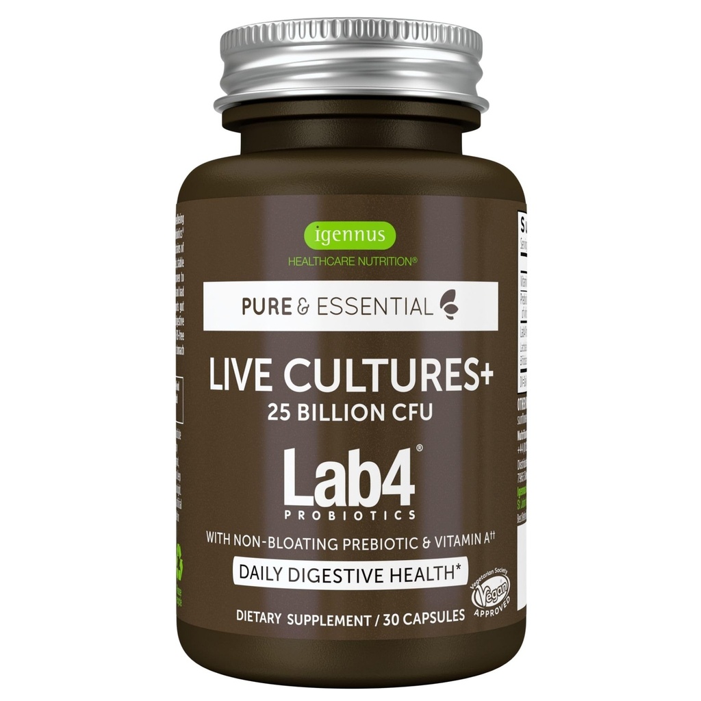 Igennus Probiotics & Prebiotic 2 in 1、Lactobacillusの酸性菌およびBifidobacterium、Gutの健康サポート、ライブカルチャー+ラボ4、25億CFU、女性&男性、非ブロッティング、非GMO、30カプセル保証