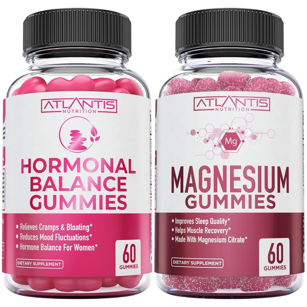 Hormonal Balance & Magnesium Gummies for Muscle Cramps, PMS Gummies Alleviate Bloating & Mood Swings, Magnesium Helps Prevent Cramps & Promotes Muscle Recovery - 60 Vegan Gummies Per Bottle