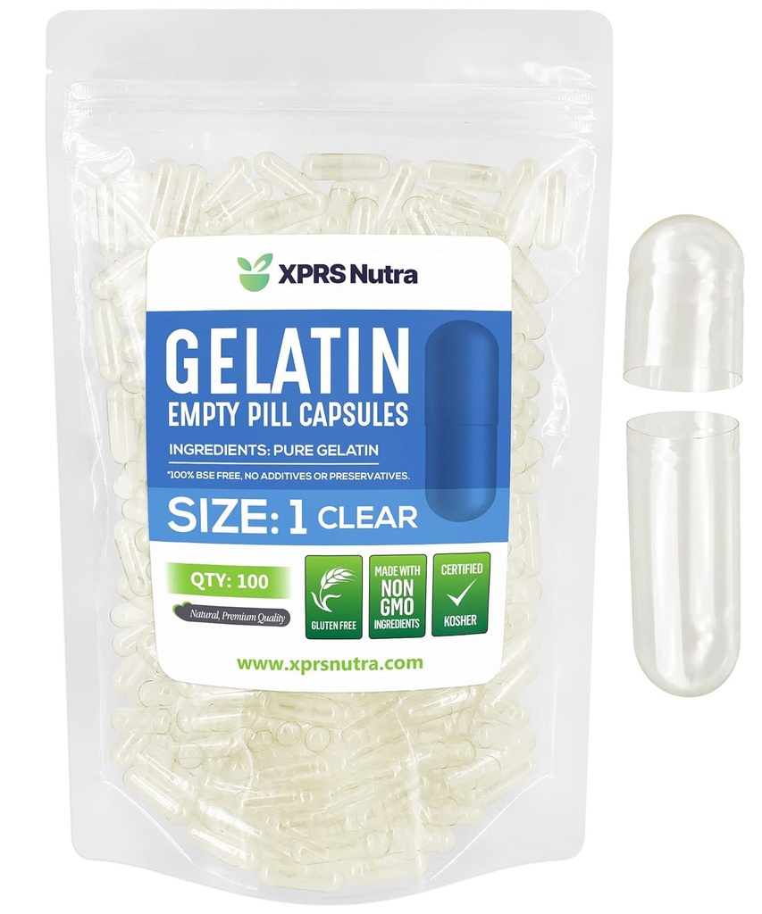 XPRS Nutra Size 1 Empty Capsules - 100 Count Clear Empty Gelatin Capsules - Empty Pill Capsules - DIY Capsule Filling - Fillable Pure Bovine Pill Capsules Empty Gel Caps Pills