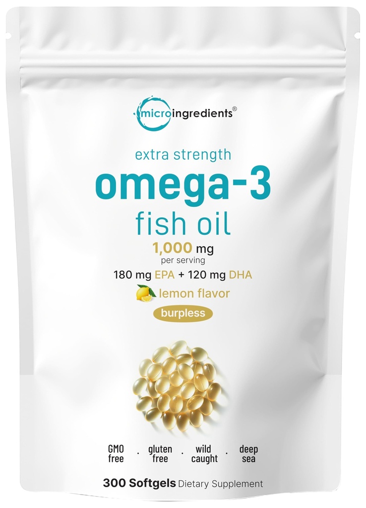 マイクロ成分 特異強度オメガ3魚油は、サービングあたり1,000mg、300Softgels | レモン風味 | ブルプレス | EPA 180mg + DHA 120mg | 深海魚