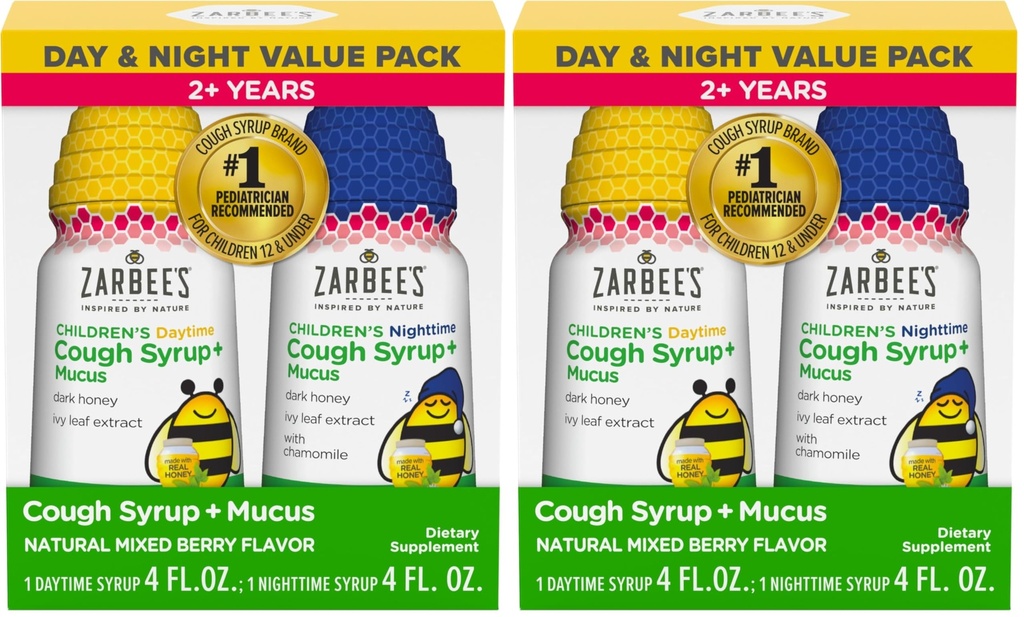 Zarbee's Children's Honey Cough Syrup + Mucus Day & Night Value Pack,Daytime & Nighttime Toddler Cough Syrup,Dark Honey,Ivy Leaf Extract,Chamomile,Mixed Berry Flavor,4 Fl Oz,(Pack of 4)