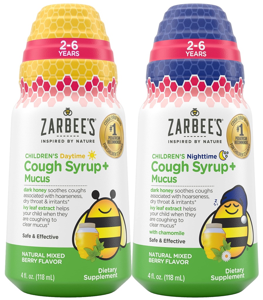 Zarbee's Kids Cough + Mucus Daytime and Nighttime for Children 2-6 with Dark Honey, Ivy Leaf, 亜鉛 & Elderberry, 1 Pediatrician 推奨, ドラッグ&アルコールフリー, 混合ベリー風味, 4FL Oz