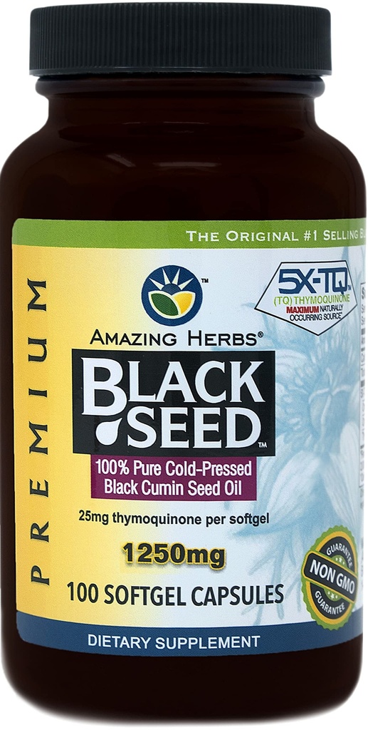 Amazing Herbs Black Seed Oil Pills 1250mg, 100 Softgel Capsules - Cold-Pressed | Non GMO
