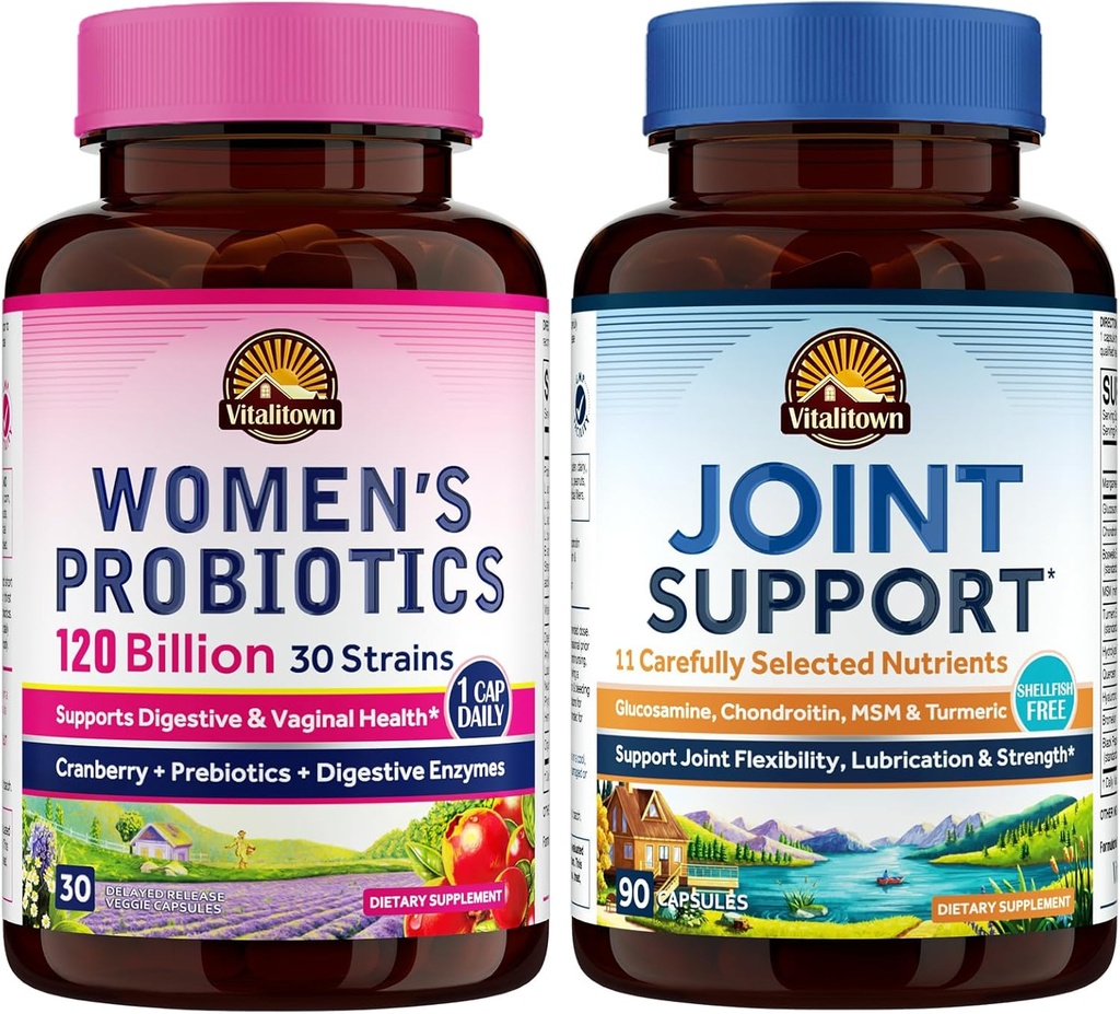 Vitalitown Women’s Probiotic & Joint Support Bundle(パッケージ2) | 女性のプロバイオティクス120 Billion(アイテム1) & ジョイントサポート(アイテム2) | シェルフ・スタイリング | ジョイント&レディースヘルス | 更年期