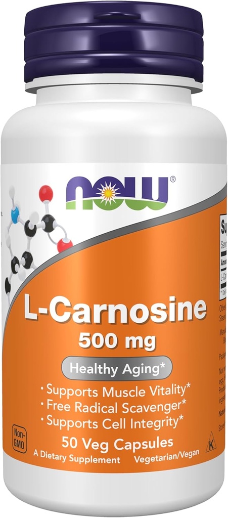 NOW Foodsは、L-Carnosine(β-Alanyl-L-Histidine)500mg、健康な老化、50ベジーカプセルを補います