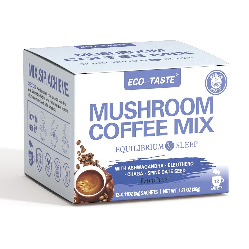 ECO-TASTEのきのこのコーヒー ミックス、アッシュワガンダ、Eleuthero、チャガ、Spineの日付の種– 12の磨き粉とのバランスのために設計されている