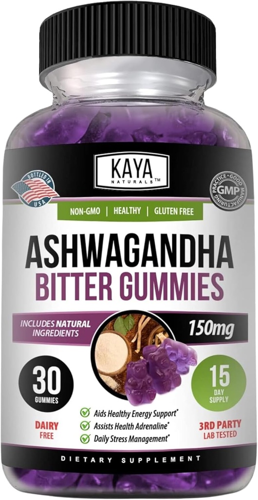 Kaya Naturals Ashwagandha Bitter Gummies - 天然ストレス救済、ブーストエネルギー&メンタルクラリティ、非GMO、グルテンフリー、Chewable Gummies - 30カウント