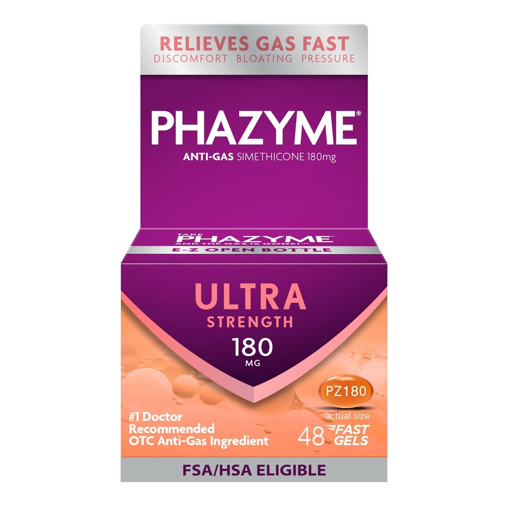 Phazymeのガスの救助、大人のための超強さのガスそして浮上の救助、180のmg Simethiconeの速いゲル、48の計算