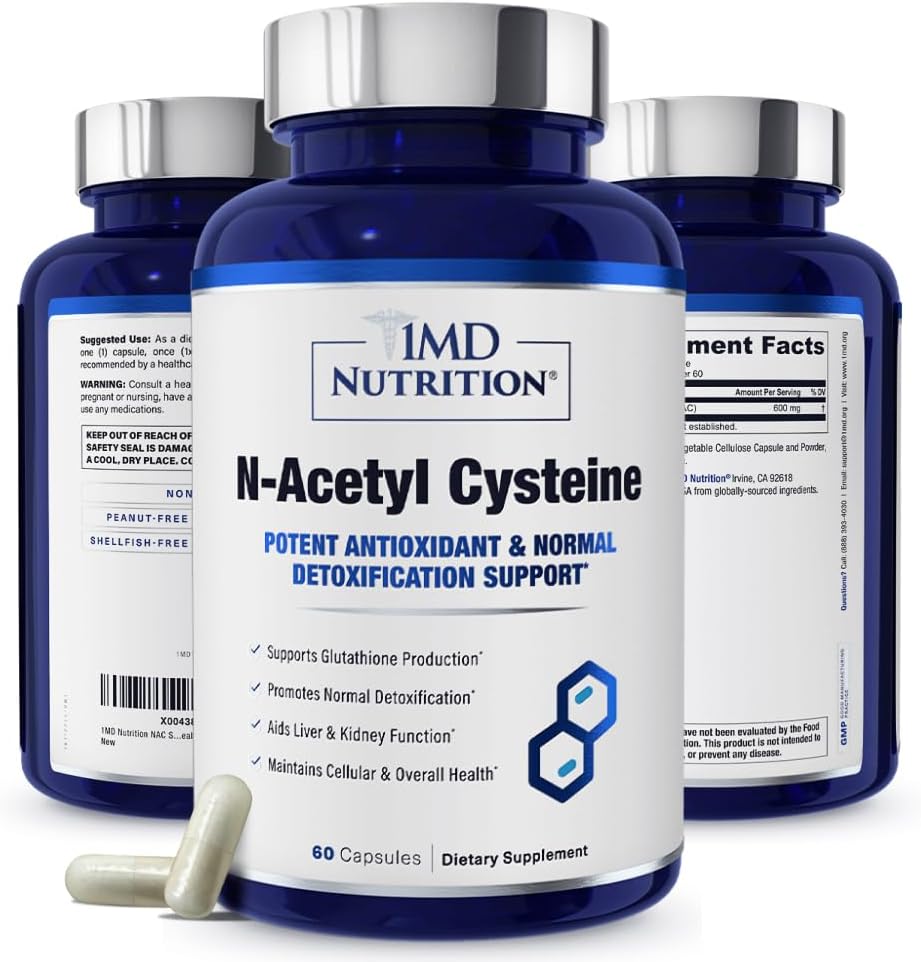 1MD Nutrition NAC Supplement N-Acetyl Cysteine - NAC 600 mg - Antioxidant Supports Detox and Glutathione Production - N Acetylcysteine Respiratory Supplement for Lung Health - 60 Capsules