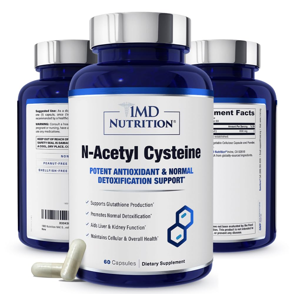 1MD栄養NACサプリメントN-アセチルシステイン - NAC 600mg - 抗酸化剤は、デトックスとグルタチオンの生産をサポート - 肺の健康のためのNアセチルシステイン呼吸器サプリメント - 60カプセル