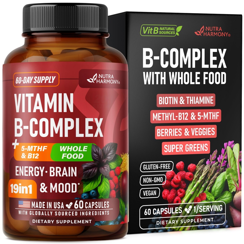 ビタミンBコンプレックス - B1 | B2 | B3 | B5 | B6 | ビオチン | B12 | 5-MTHF - Astragalus & Whole Food Blend - エネルギー、代謝と脳 - ビタミンB for Women & Men - アメリカ製 - 60カプセル、60日の供給