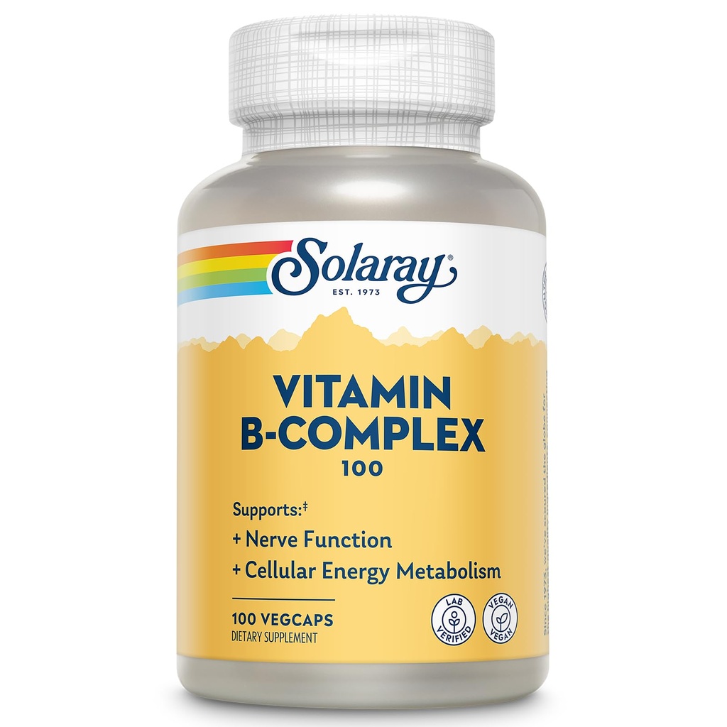 SOLARAYビタミンBコンプレックス100mg - 細胞エネルギー、神経および心臓の健康サポート - すべての8 Bコンプレックスビタミン - ビタミンB12、B1、B2、B3、B6、ナイアシン、葉酸およびビオチン - ビーガン、100のサービング