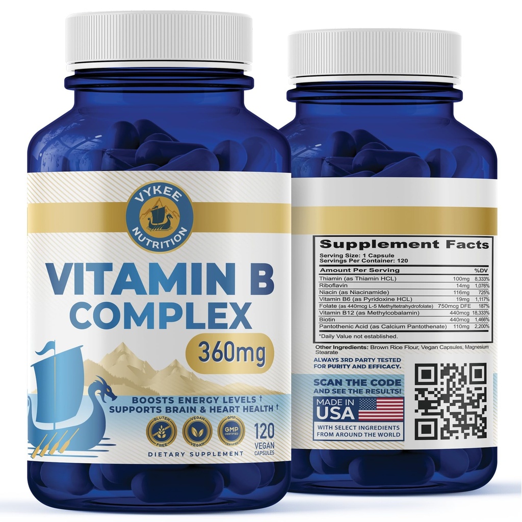 Vykee Nutrition B Complex Supplement - 750mg DFE Folate、440mcg B12/Biotin | ビーガン非GMO | セルラーエネルギー生産と赤血球形成をサポート | 120カプセル
