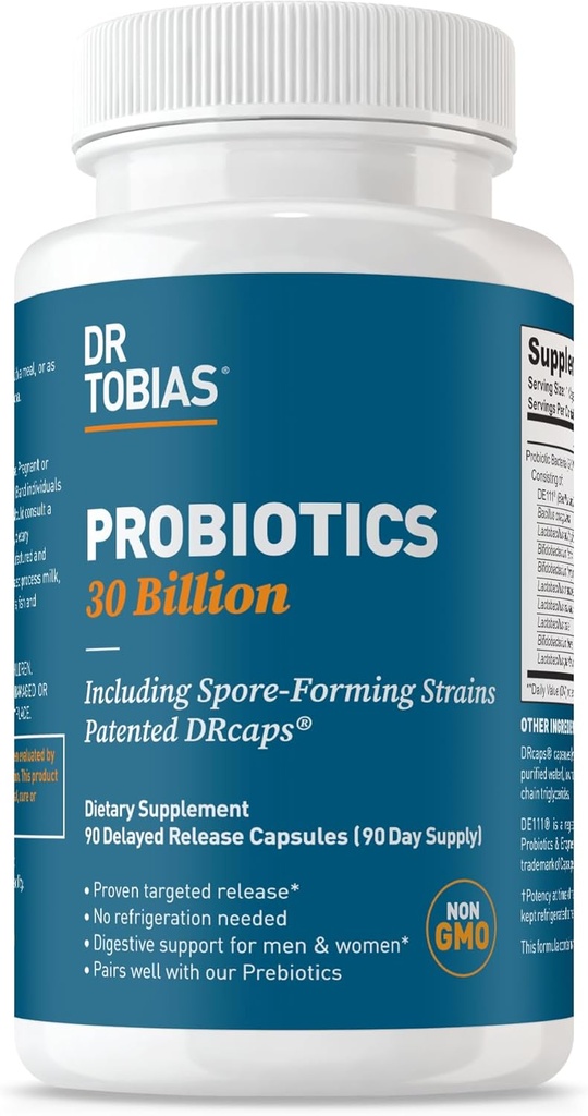 Dr. Tobias Probiotics 30 Billion, 10 Strains, 30 Billion CFU's, 女性&男性のためのターゲティングリリースプロバイオティックス, ダイジェストヘルスをサポート, シェルフテーブル, 非GMO, 90カプセル, 90 サービング