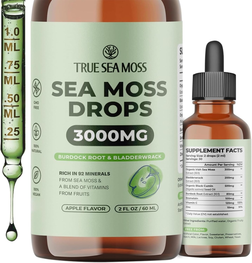 TrueSeaMoss 3000mg Irish Sea Moss Drops with Burdock Root & Bladderwrack for Digestive System & Muscle Recovery Support - 2 Fl Oz Apple NW1