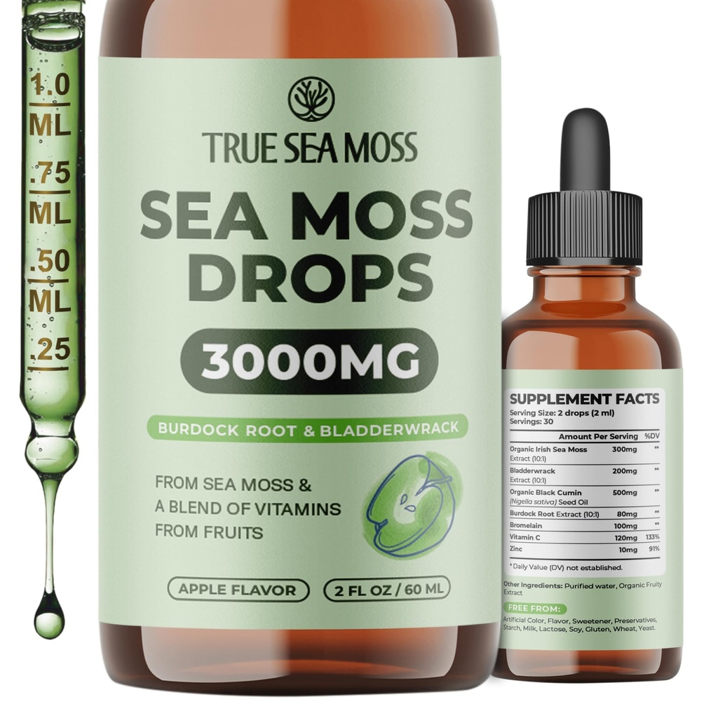 TrueSeaMosss 3000mgアイリッシュ海苔は、消化器系&筋肉回復サポートのためのブルドックルート&膀胱炎でドロップ - 2 Fl OzアップルNW1