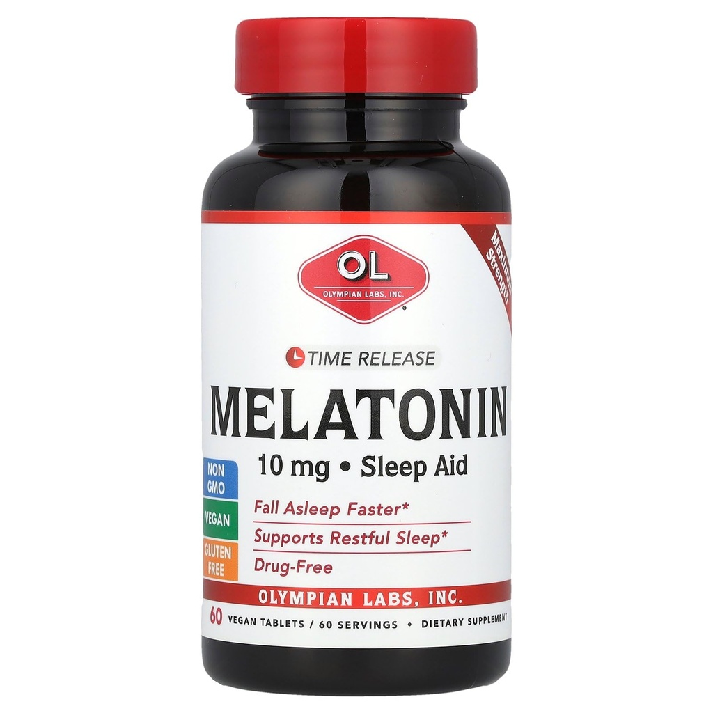 Olympian Labs Melatonin 10mg タイム リリース ビタミンB6 - 最大強度のタブレット - ドラッグフリー、サポート 休眠、夜間睡眠援助 - 60 ビーガンタブレット (60 給餌)