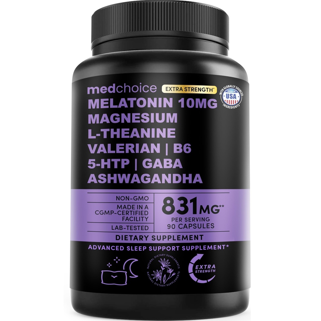 12-in-1 Melatonin Sleep Extra Strength Capsules - 10mg Melatonin Extra Strength with Magnesium and Balanced Blend of Ashwagandha, GABA, Chamomile Extract, L-Theanine & Valerian Root 10:1 Extract 90ct