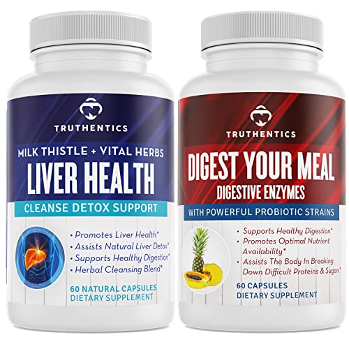 TRUTHENTICS 肝の健康と消化酵素バンドル - 肝臓のクレンジングデトックス、消化、栄養素吸収、時系列ガスとブロッキングのサポート - グルテンフリー、非GMO