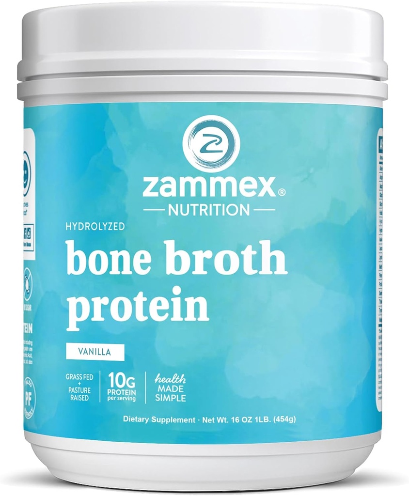Zammex Bone Broth Protein Powder, Pure Grass Fed Beef, Vanilla Protein Powder,Hydrolyzed Collagen Supplement for Healthy Skin,Nails,Hair,Joints, Non-GMO,Gluten Free, Great in Shakes