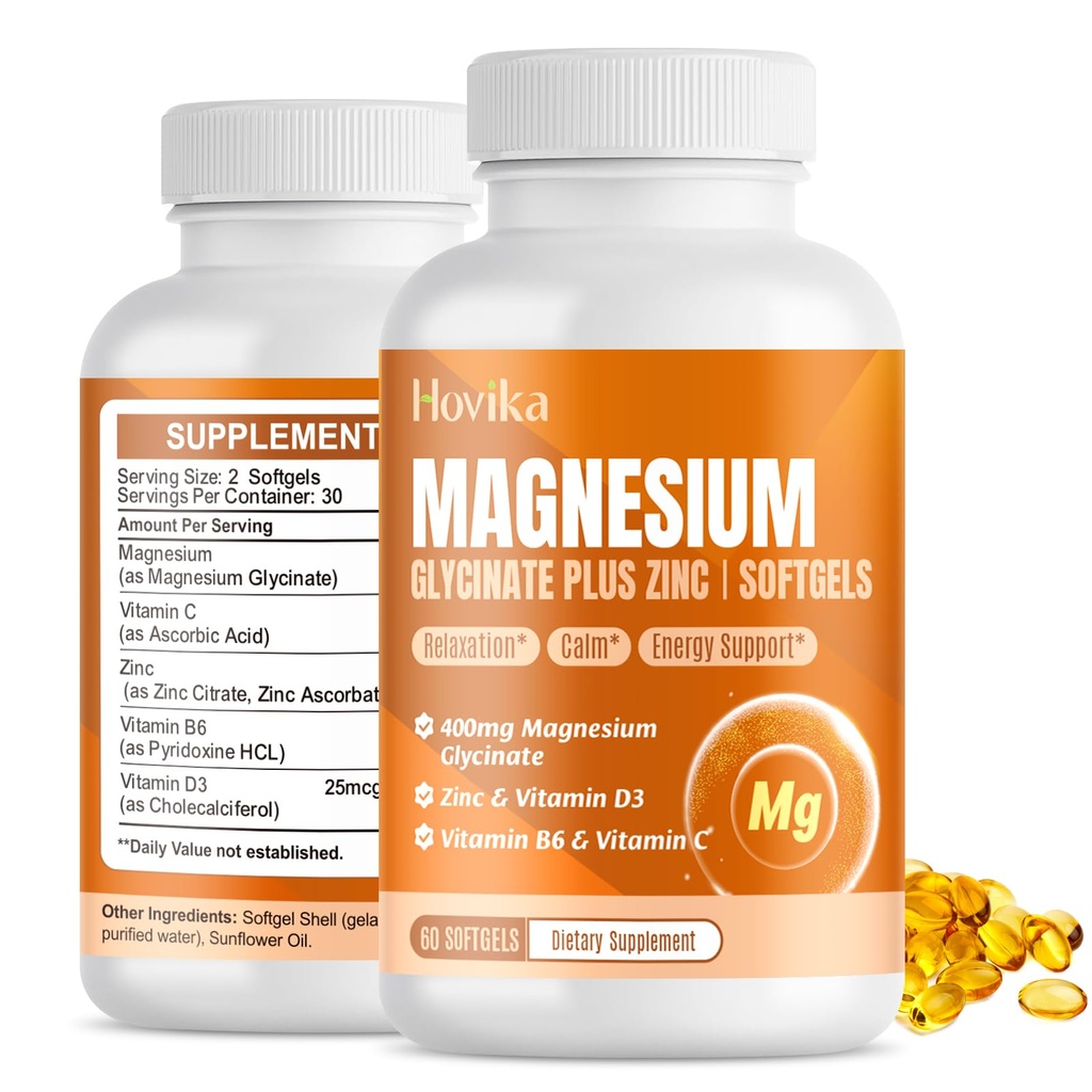 マグネシウムのGlycinateの補足のSoftgels、亜鉛、ビタミンB6、C、D3、睡眠のための純粋なマグネシウム、カルム、筋肉、エネルギー、中心サポート-女性及び人のための60のビーガン カプセル