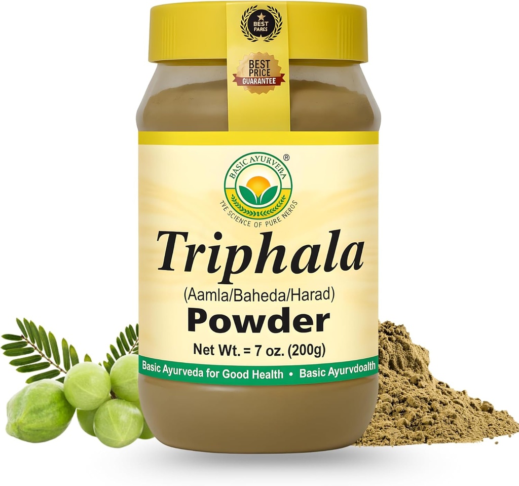 BASIC AYURVEDA Triphalaパウダー 7.05 Oz(200g) | 100% 天然アユルヴェーダブレンド アラ、ハリタキ&ビヒタキ | 消化器の健康、デトックス&ウェルネスをサポート | 添加剤なし | 完全菜食主義者のグルテンフリー