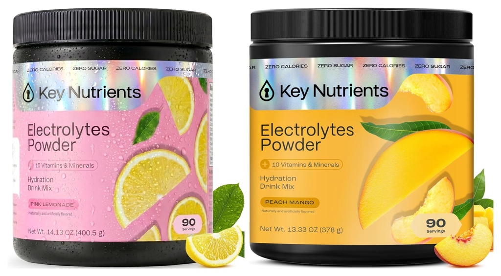 KEY NUTRIENTS Ultimate Hydration & Recovery Electrolyte Bundle – トロピカル・ピーチ・マンゴー & フレッシュ・ピンク・レモネード, 砂糖フリー, 90 個々にサービング