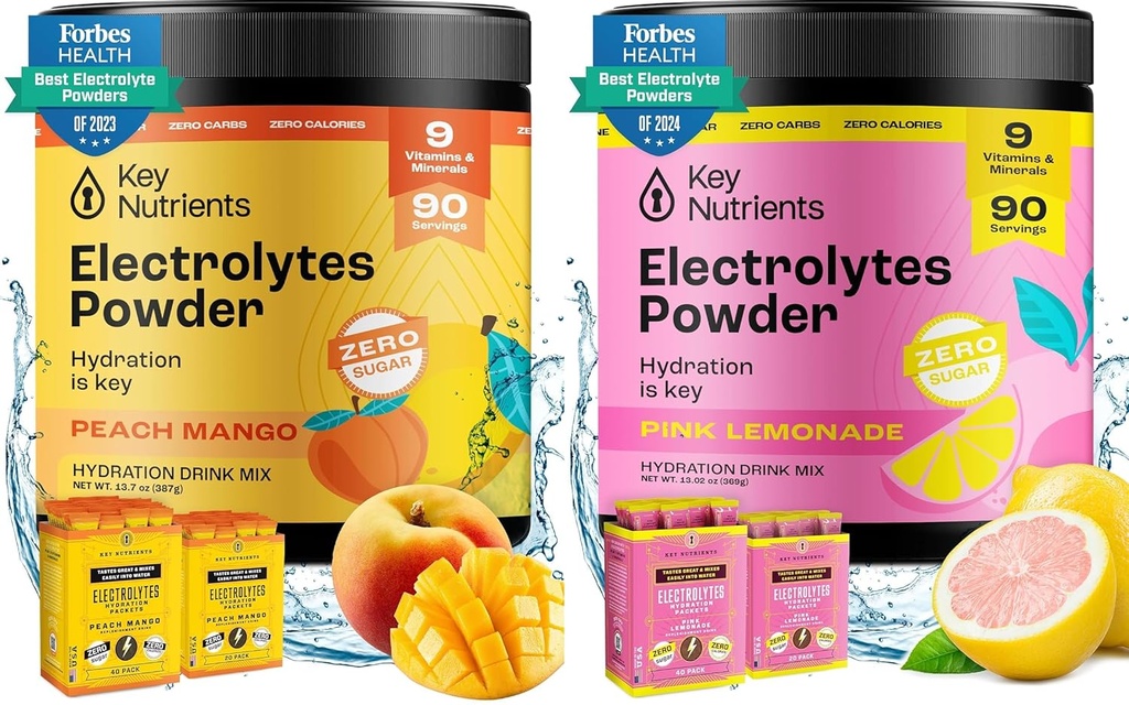 KEY NUTRIENTS Ultimate Hydration & Recovery Electrolyte Bundle – トロピカル・ピーチ・マンゴー & フレッシュ・ピンク・レモネード, 砂糖フリー, 90 個々にサービング