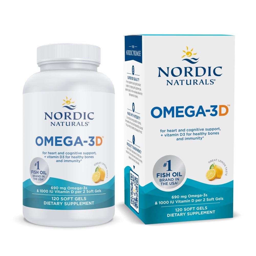 ノルディックナチュラルズオメガ-3D、レモンフレーバー - 120 ソフトジェル - 690 mg Omega-3 + 1000 IU ビタミンD3 - 魚油 - EPA&DHA - 免疫サポート、脳と心臓の健康、ヘルシーボン - 非GMO - 60 サービング