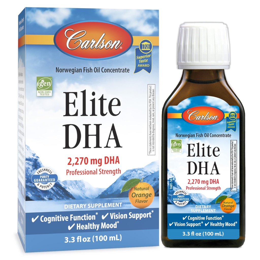 Carlson - Elite DHA, 2270 mg DHA, Professional Strength, Norwegian Fish Oil Concentrate, Cognitive Function & Vision Support, Orange, 100 mL