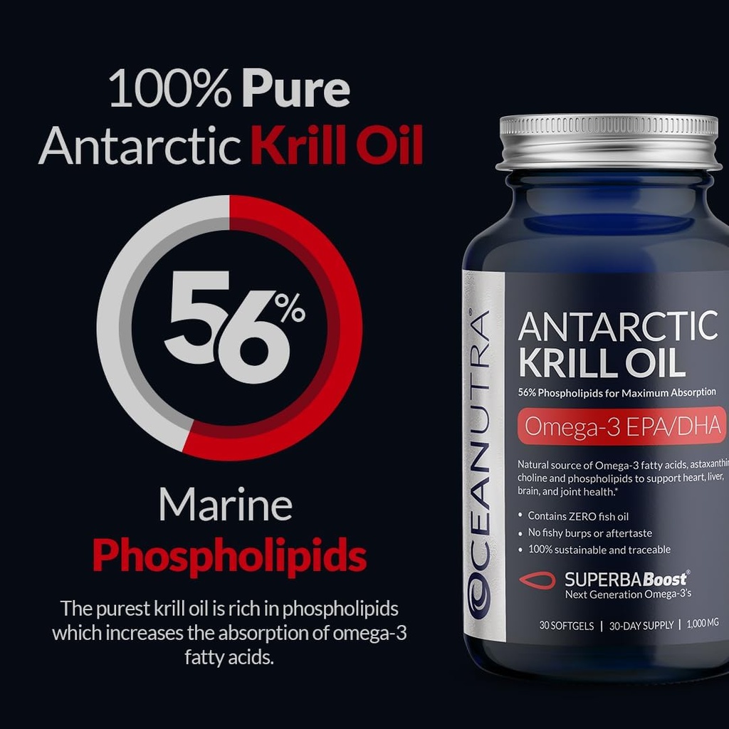 100%の純粋なKrillオイル1000MG 120日の供給の倍の強さ56%のリン脂のアスタキサンチンのサステナブルなAntarctic SuperbaBoost Omega 3 EPA DHAの中心の頭脳のスキン ケア、第三者テストされる魚油無し
