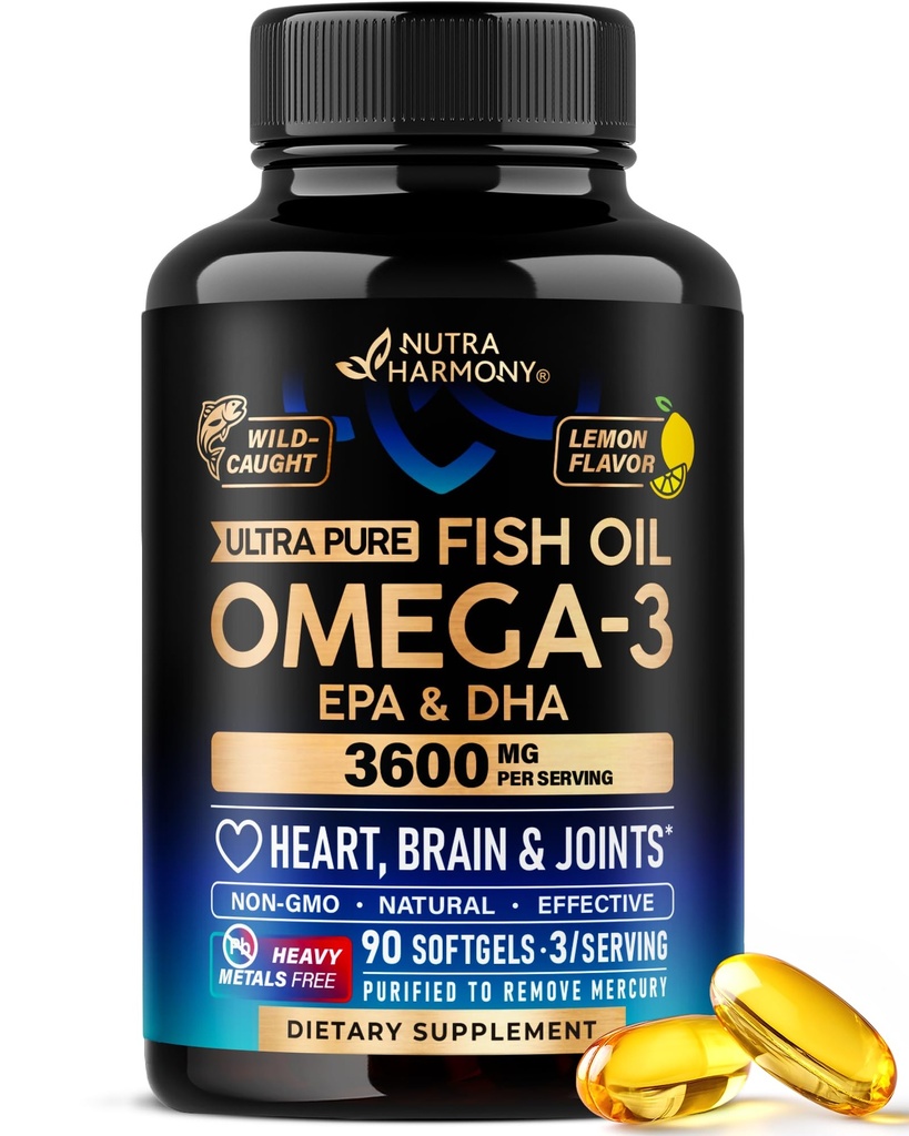 オメガ3魚油3600mg - オメガ3サプリメント  EPA&DHA - 重金属フリー - ハート、脳&ジョイントサポート - 男性と女性のための精製魚油 - レモン風味 - アメリカ製、90 Softgels