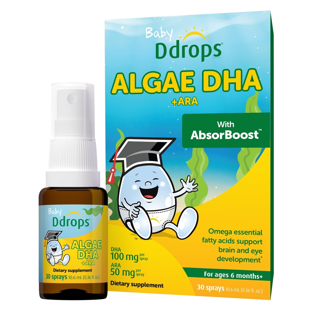 Ddrops Baby Algae DHA + ARA - 30 Sprays - Omega Essential Fatty Acids Support Brian and Eye Development - No Artificial Preservatives, Flavors or Colors