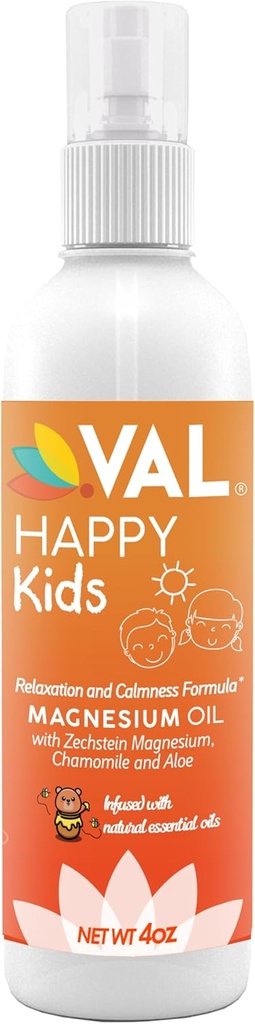 VAL Kids Magnesium Oil Spray – Natural Bedtime Calm & Mood Support | Zechstein Magnesium, Chamomile & Aloe | No Itch | Fast-Absorbing | Made in USA | 4oz