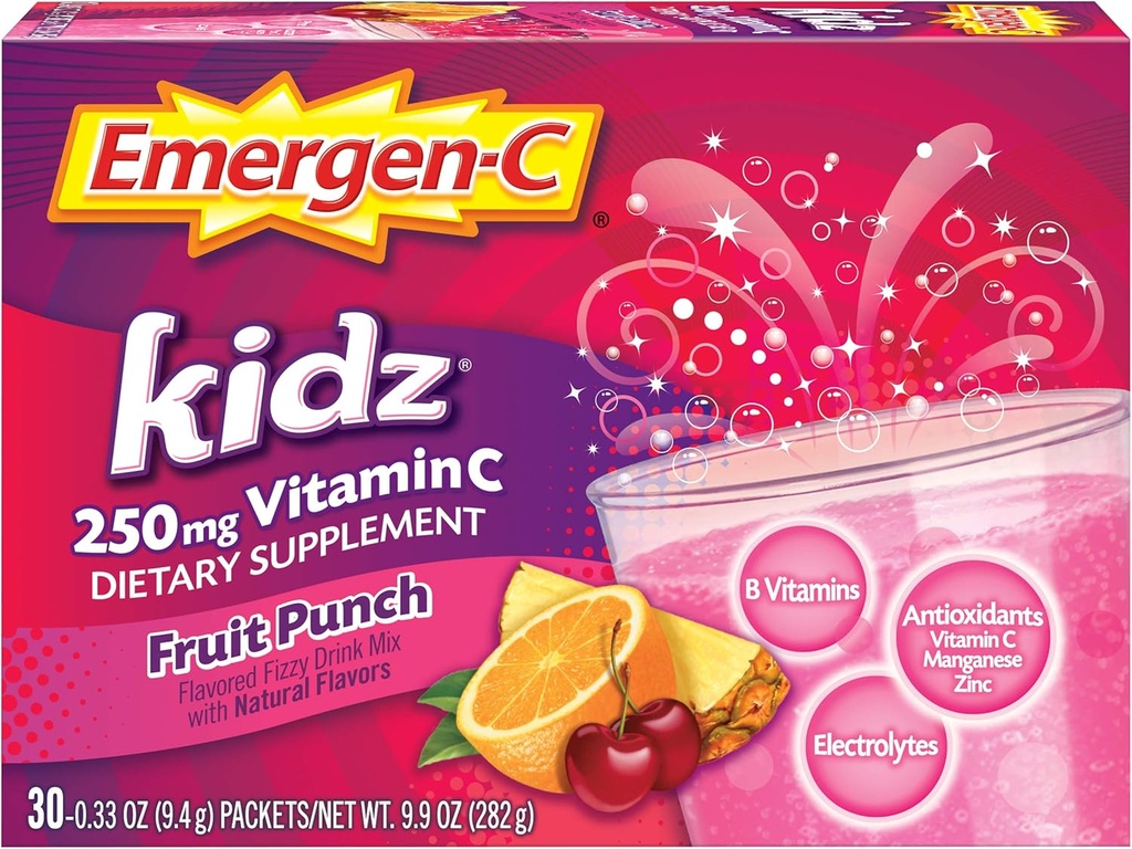 Emergen-C Kidz 250mgキッズビタミンCパウダー、カフェインフリー、免疫サポートドリンクミックス、フルーツパンチフレーバー - 30カウント/1ヶ月の供給