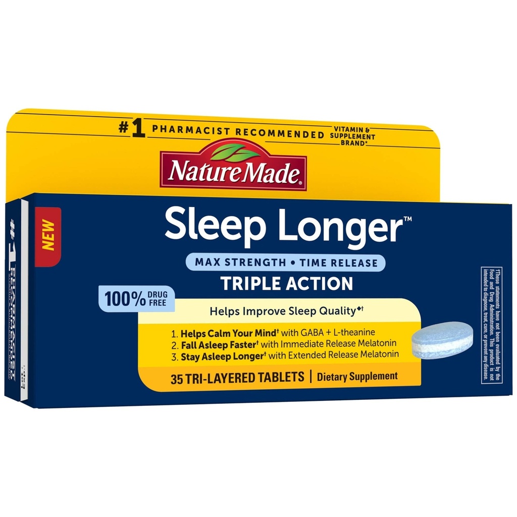 Nature Made Sleep Longer、Melatonin 10mgタイムリリースTri-Layerタブレット、ヘルプは睡眠の質を改善し、睡眠不足の高速化、睡眠不足の長期滞在、L-Theanine、GABAがあなたの心、35錠を抑えるのを助けます