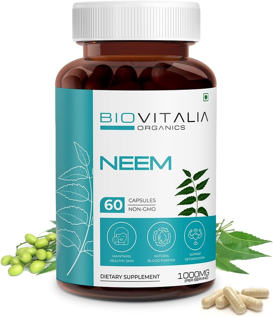 バイオビタリア植物は、男性と女性のためのNeem 1000mgカプセルを基づかせていました | サプリメント | サポート健康 & 解毒を促進 - 60ビーガンカプセル