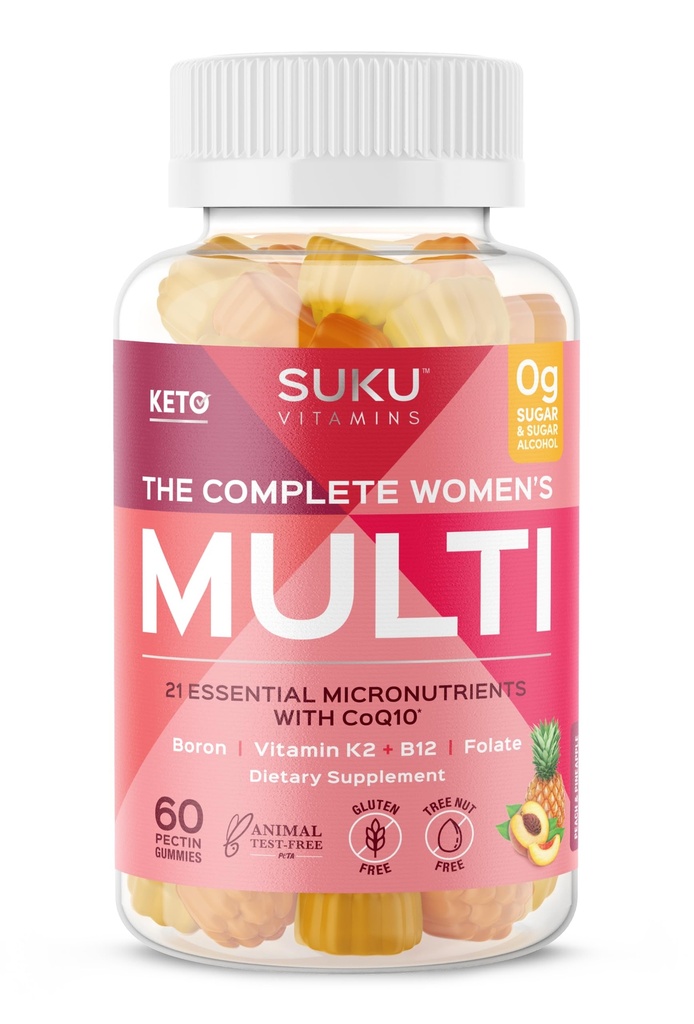 SUKUビタミン - 完全な女性のマルチ - ボロン、ビタミンK2、B12、Aと女性の健康のために - 簡単に咀嚼 - 非GMO、グルテンフリーのグルテンフリー - パイナップル&ピーチ風味のガミービタミン、60カウント